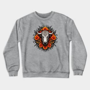 Buffalo Surrounded By A Wreath Of Orange Flowers Tattoo Art Crewneck Sweatshirt